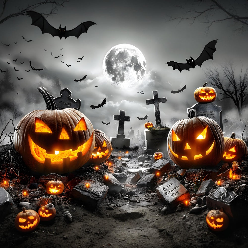 Halloween Graveyard Glowing Jack-o'-Lanterns Bats Backdrop RR7-379