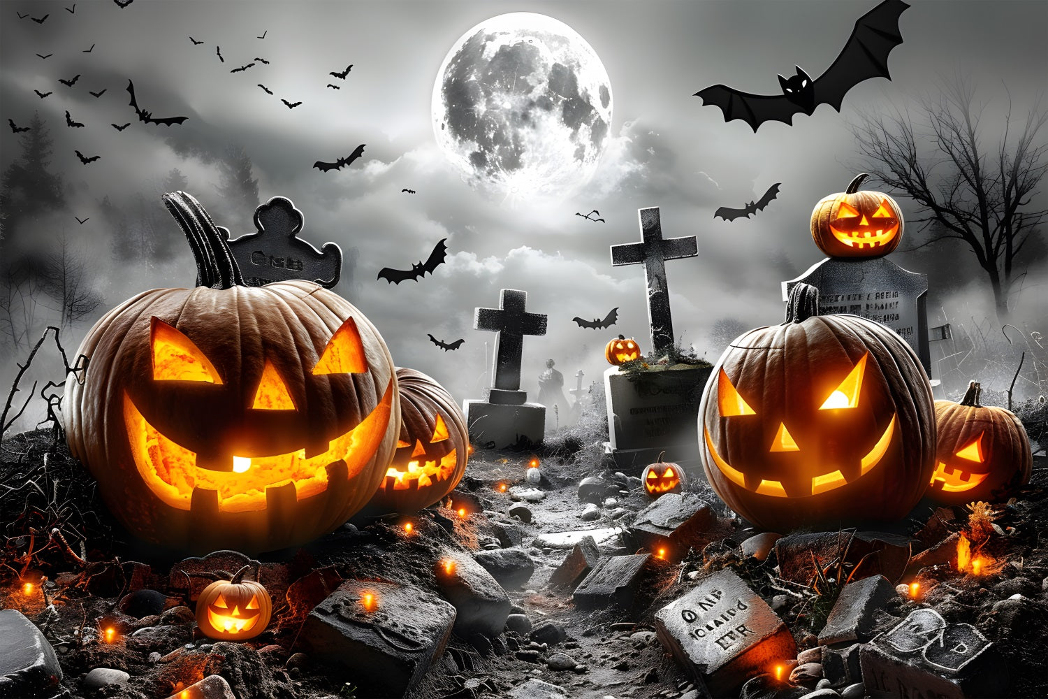 Halloween Graveyard Glowing Jack-o'-Lanterns Bats Backdrop RR7-379