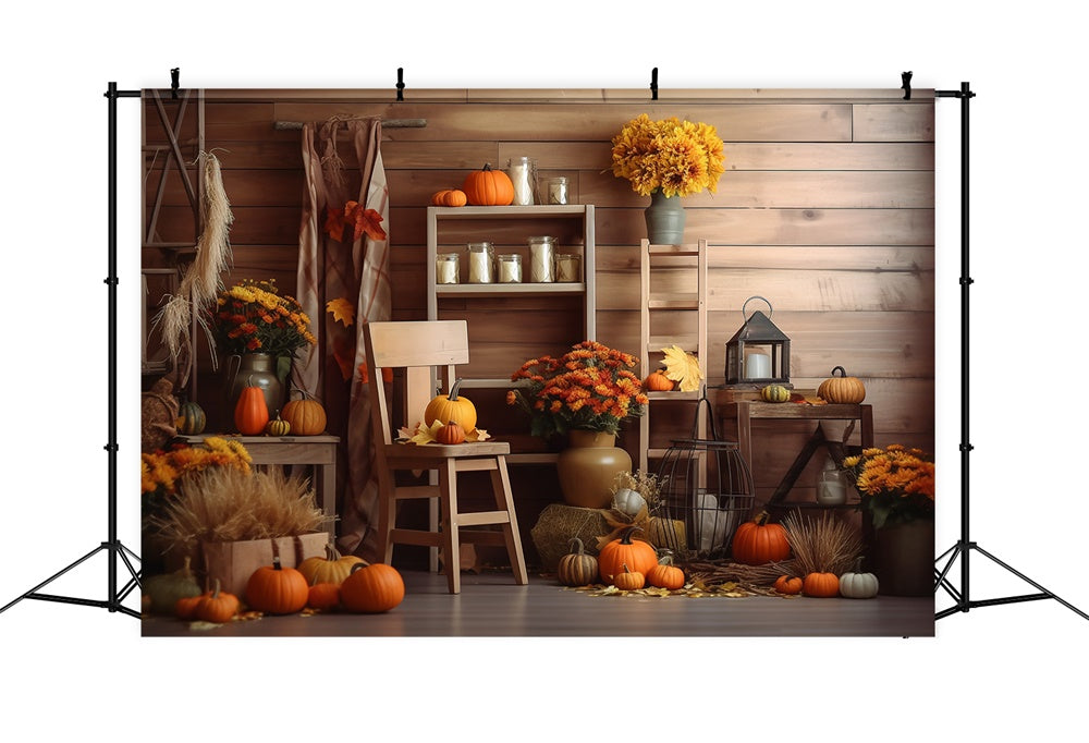 Pumpkins Flowers Halloween Barn Photography Backdrop RR7-381