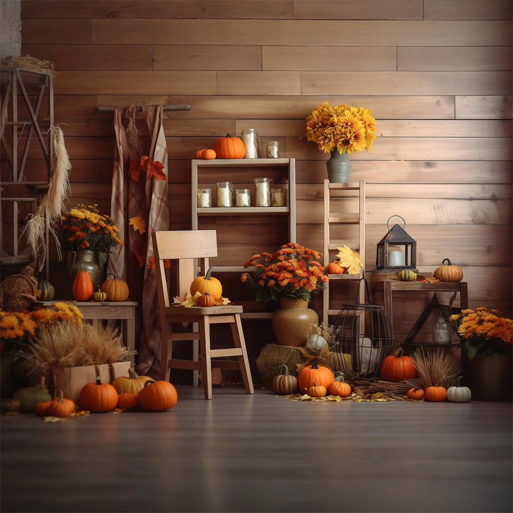 Pumpkins Flowers Halloween Barn Photography Backdrop RR7-381