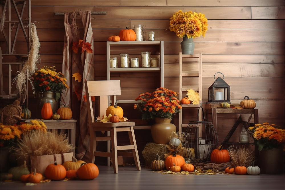 Pumpkins Flowers Halloween Barn Photography Backdrop RR7-381