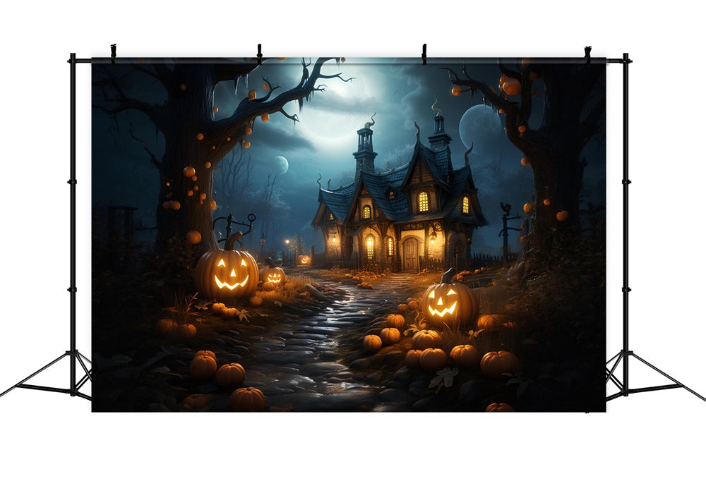 Halloween Forest Haunted House Pumpkins Backdrop RR7-383