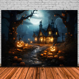 Halloween Forest Haunted House Pumpkins Backdrop RR7-383