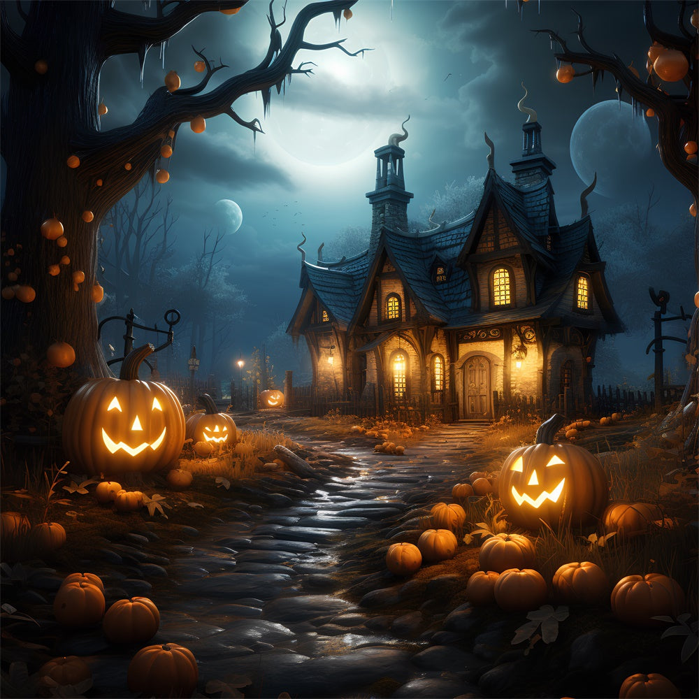 Halloween Forest Haunted House Pumpkins Backdrop RR7-383