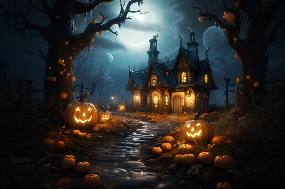 Halloween Forest Haunted House Pumpkins Backdrop RR7-383