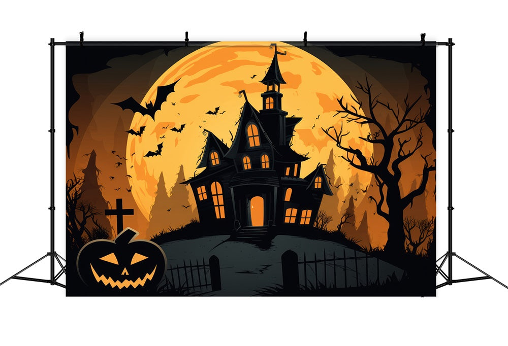 Halloween Ghost House Full Moon Bats Backdrop RR7-385