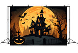 Halloween Ghost House Full Moon Bats Backdrop RR7-385