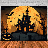 Halloween Ghost House Full Moon Bats Backdrop RR7-385