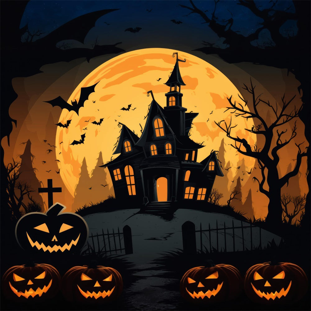 Halloween Ghost House Full Moon Bats Backdrop RR7-385