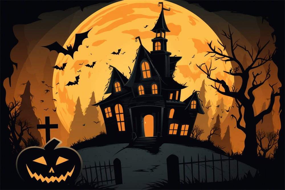 Halloween Ghost House Full Moon Bats Backdrop RR7-385