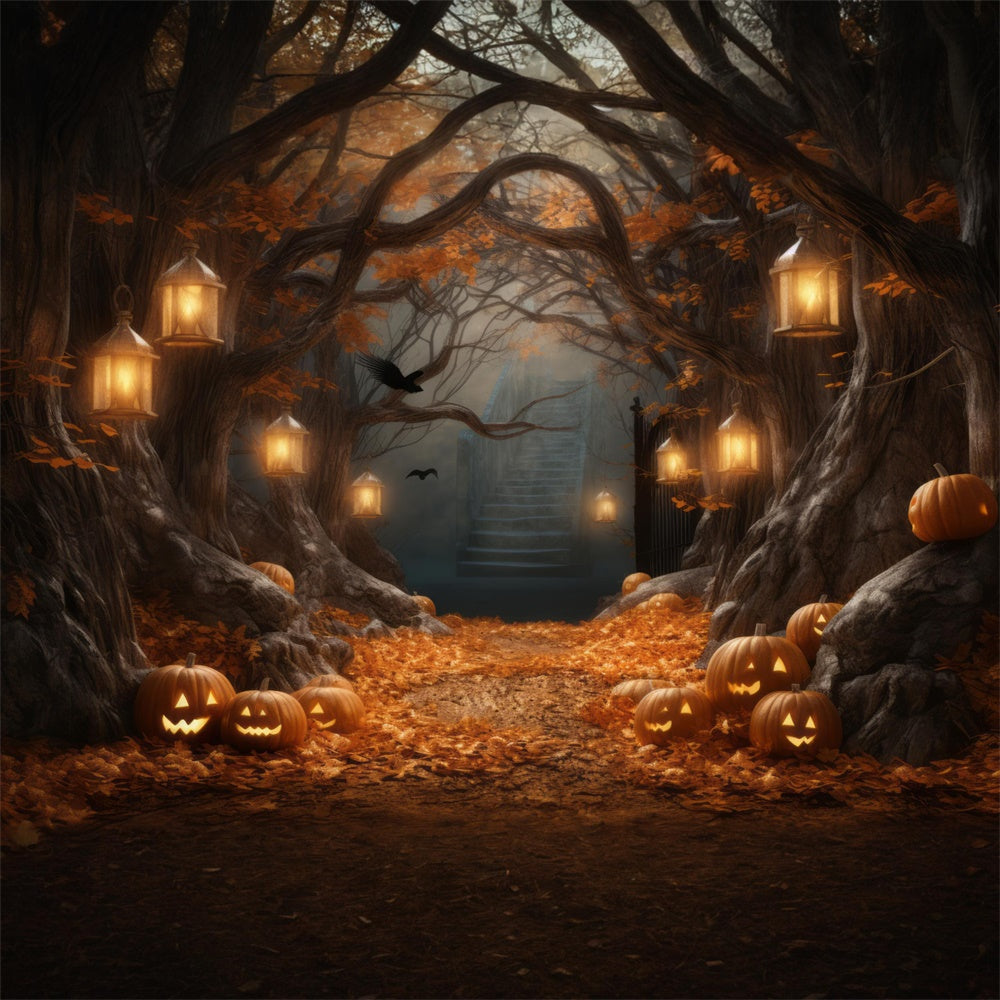 Pumpkin Lanterns Big Tree Halloween Backdrop RR7-386