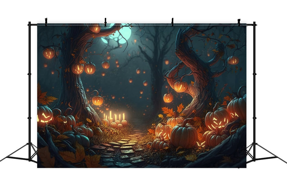 Halloween Forest Night Pumpkins Candles Backdrop RR7-387