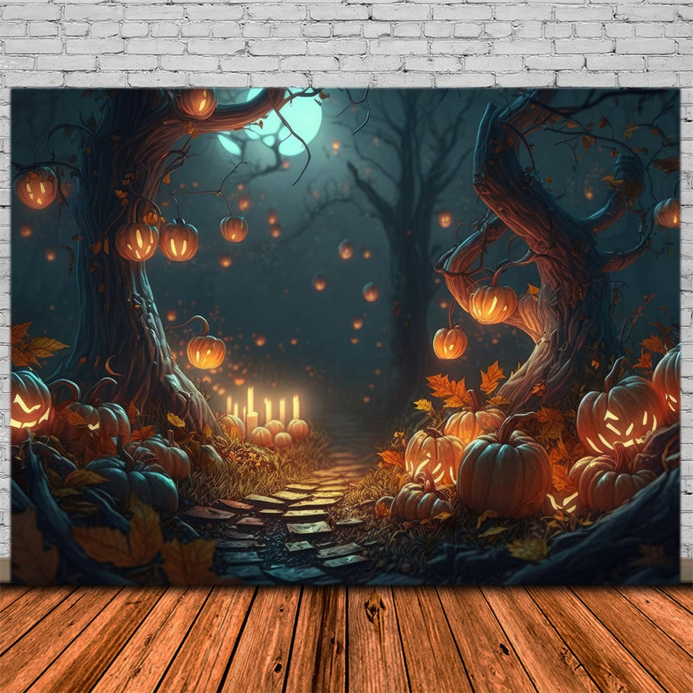 Halloween Forest Night Pumpkins Candles Backdrop RR7-387