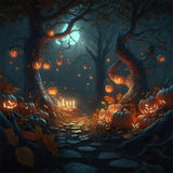 Halloween Forest Night Pumpkins Candles Backdrop RR7-387