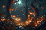 Halloween Forest Night Pumpkins Candles Backdrop RR7-387