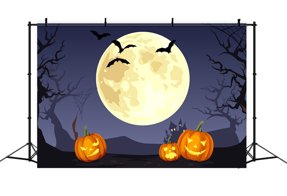 Halloween Full Moon Bats Pumpkins Backdrop RR7-388