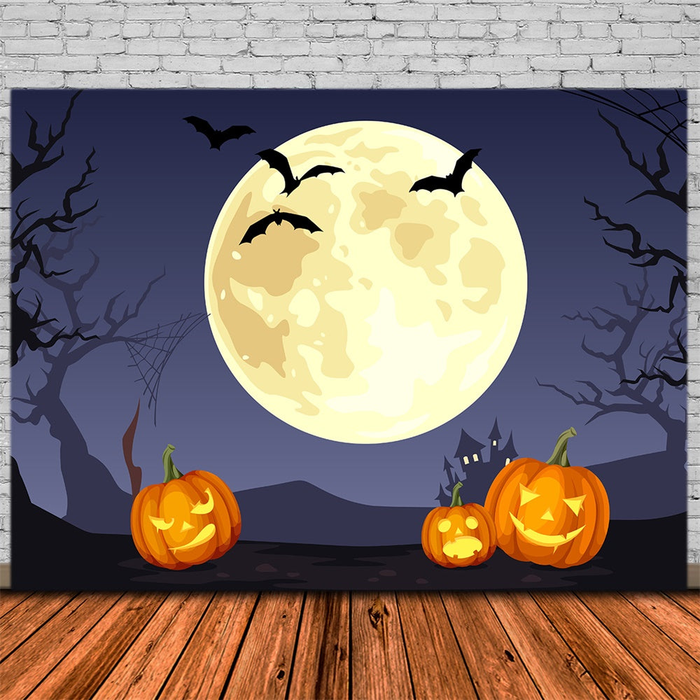 Halloween Full Moon Bats Pumpkins Backdrop RR7-388