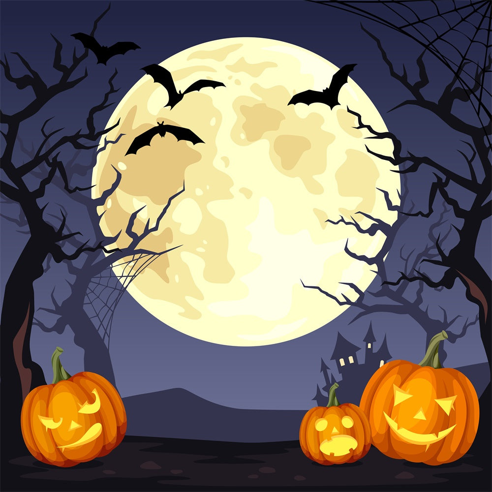 Halloween Full Moon Bats Pumpkins Backdrop RR7-388