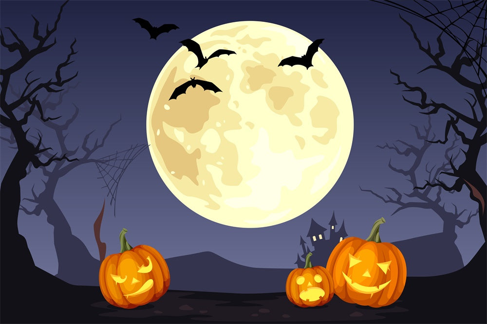 Halloween Full Moon Bats Pumpkins Backdrop RR7-388