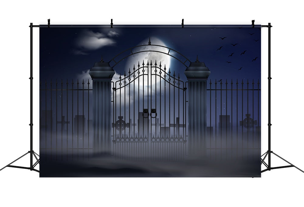 Halloween Old Cemetery Gate Moonlight Backdrop RR7-391