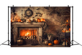 Halloween Old Fireplace Pumpkins Bats Backdrop RR7-393