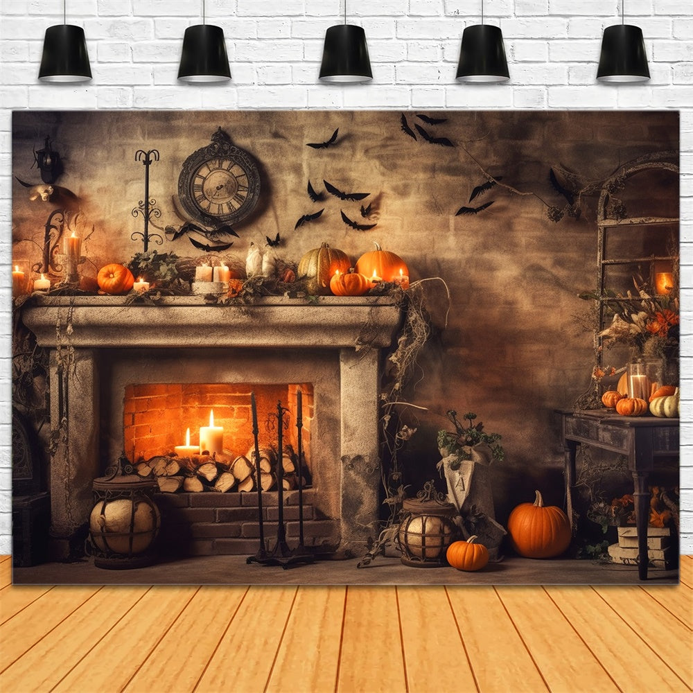 Halloween Old Fireplace Pumpkins Bats Backdrop RR7-393