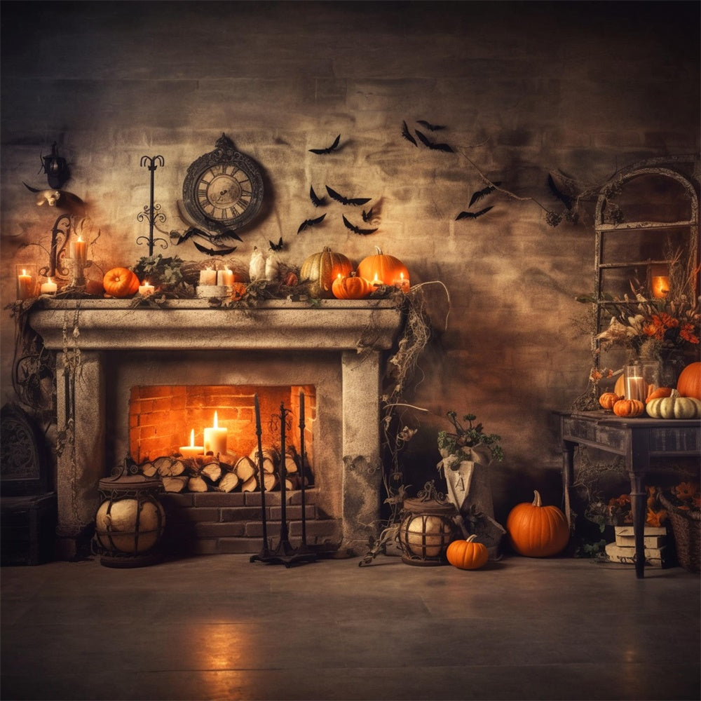 Halloween Old Fireplace Pumpkins Bats Backdrop RR7-393