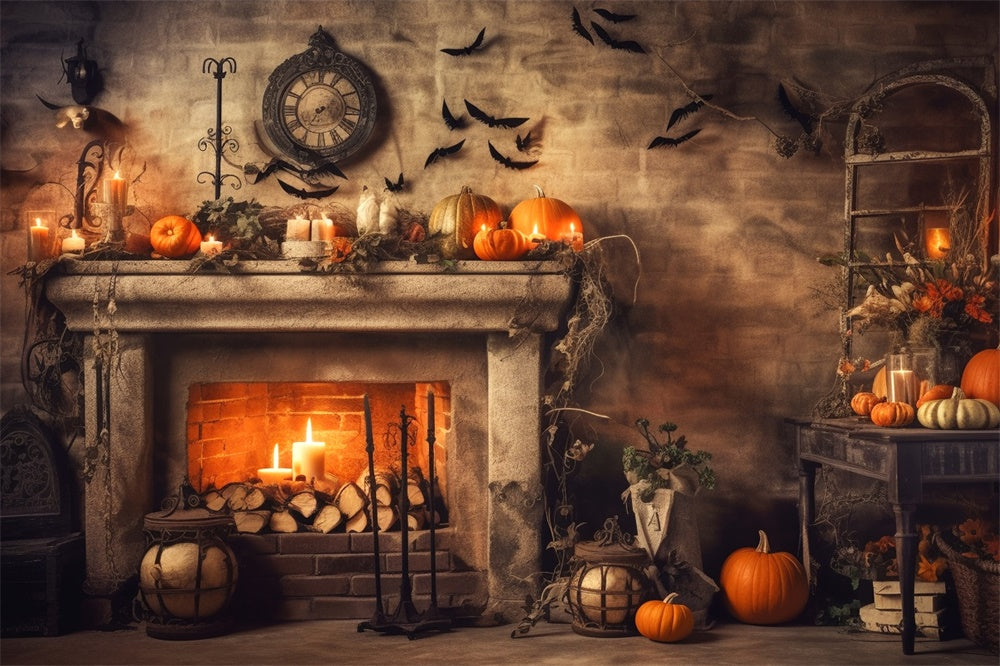 Halloween Old Fireplace Pumpkins Bats Backdrop RR7-393