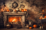 Halloween Old Fireplace Pumpkins Bats Backdrop RR7-393