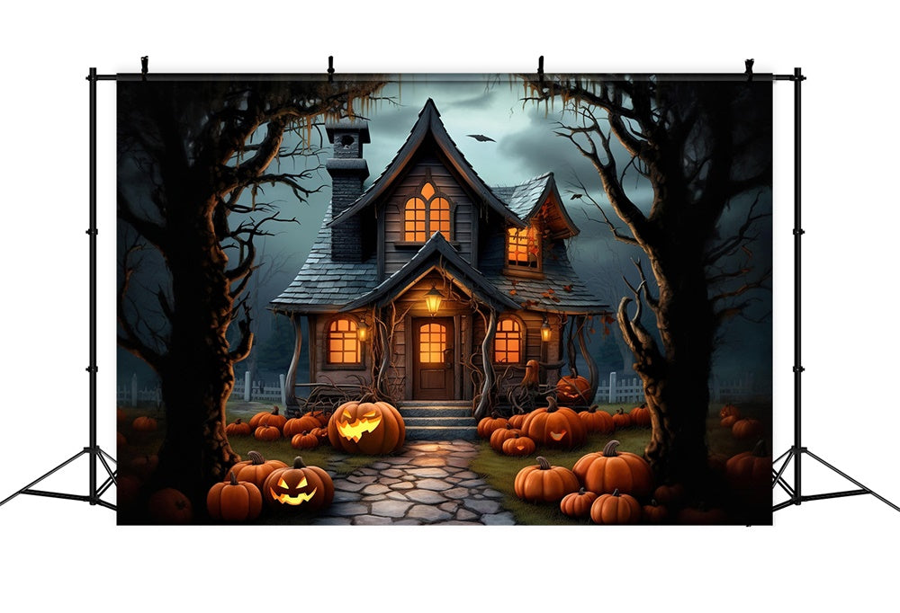 Spooky Halloween Forest House Pumpkins Backdrop RR7-395