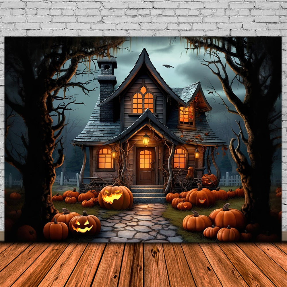 Spooky Halloween Forest House Pumpkins Backdrop RR7-395