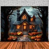 Spooky Halloween Forest House Pumpkins Backdrop RR7-395