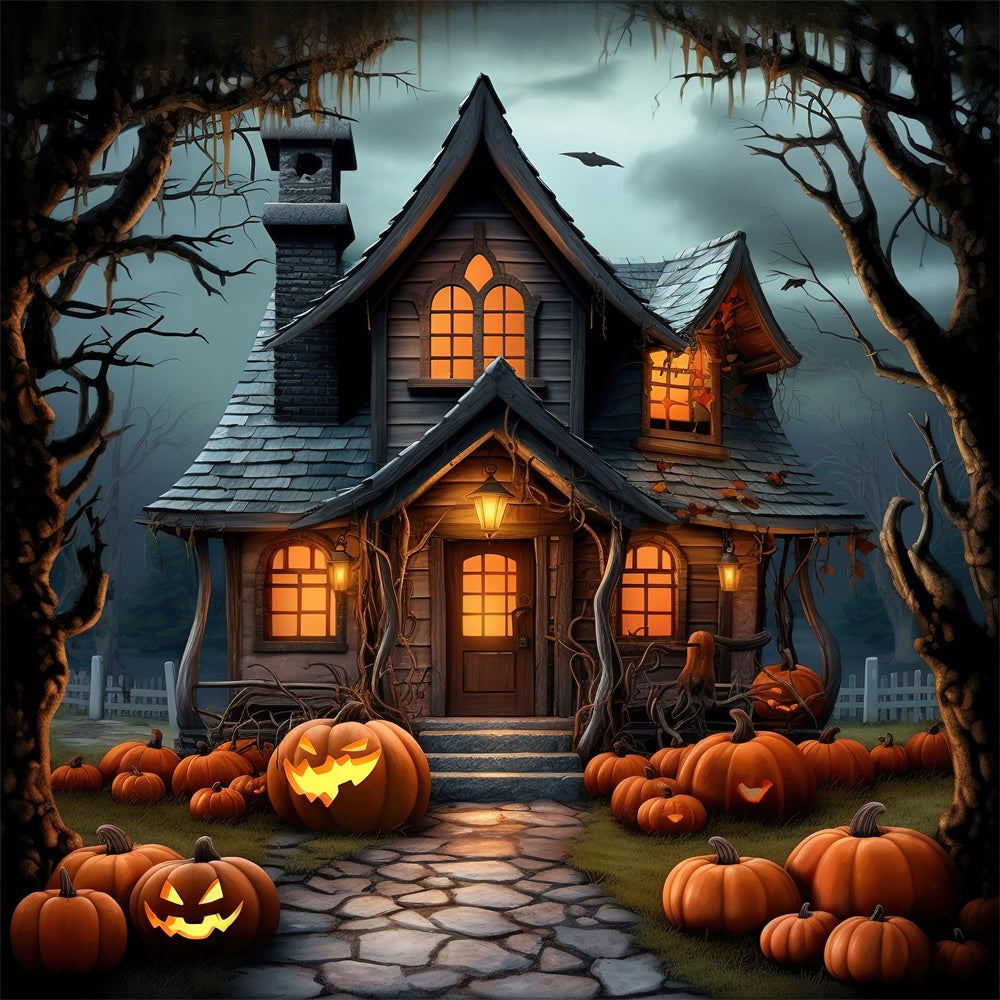 Spooky Halloween Forest House Pumpkins Backdrop RR7-395