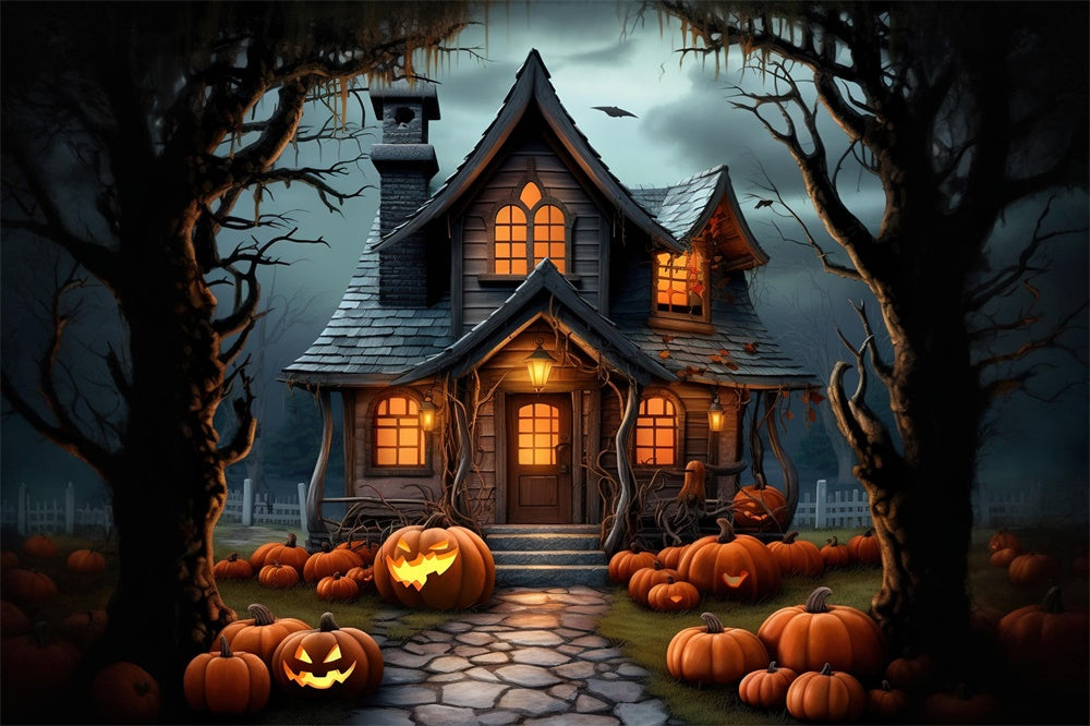 Spooky Halloween Forest House Pumpkins Backdrop RR7-395