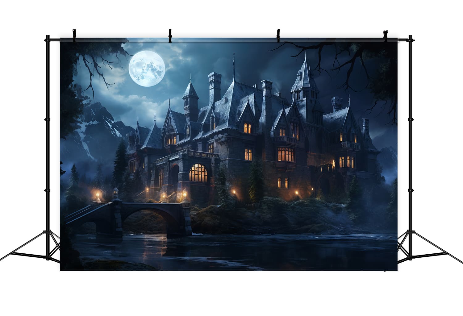 Halloween Haunted Castle Moonlight Backdrop RR7-40