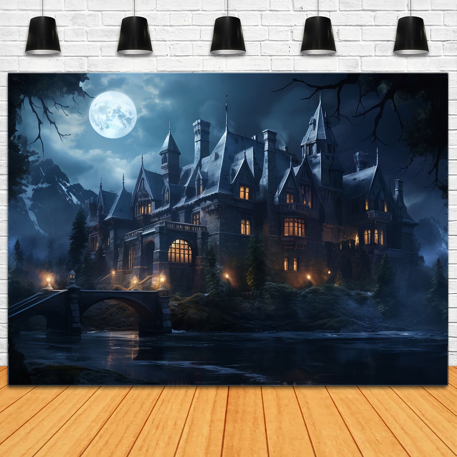 Halloween Haunted Castle Moonlight Backdrop RR7-40