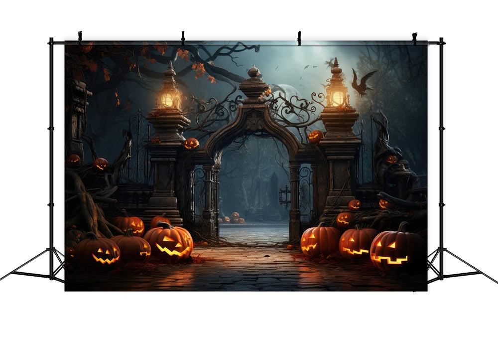 Halloween Scary Cemetery Gate Pumpkins Backdrop RR7-402