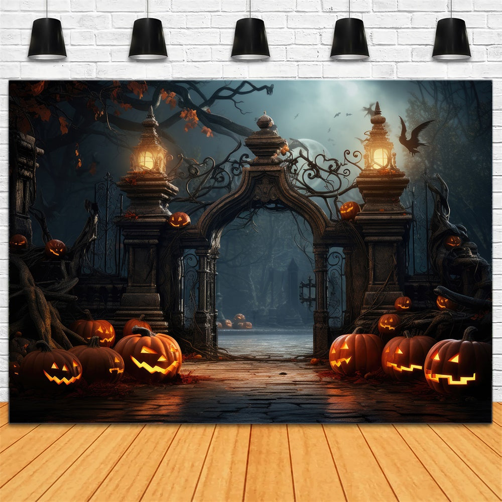 Halloween Scary Cemetery Gate Pumpkins Backdrop RR7-402