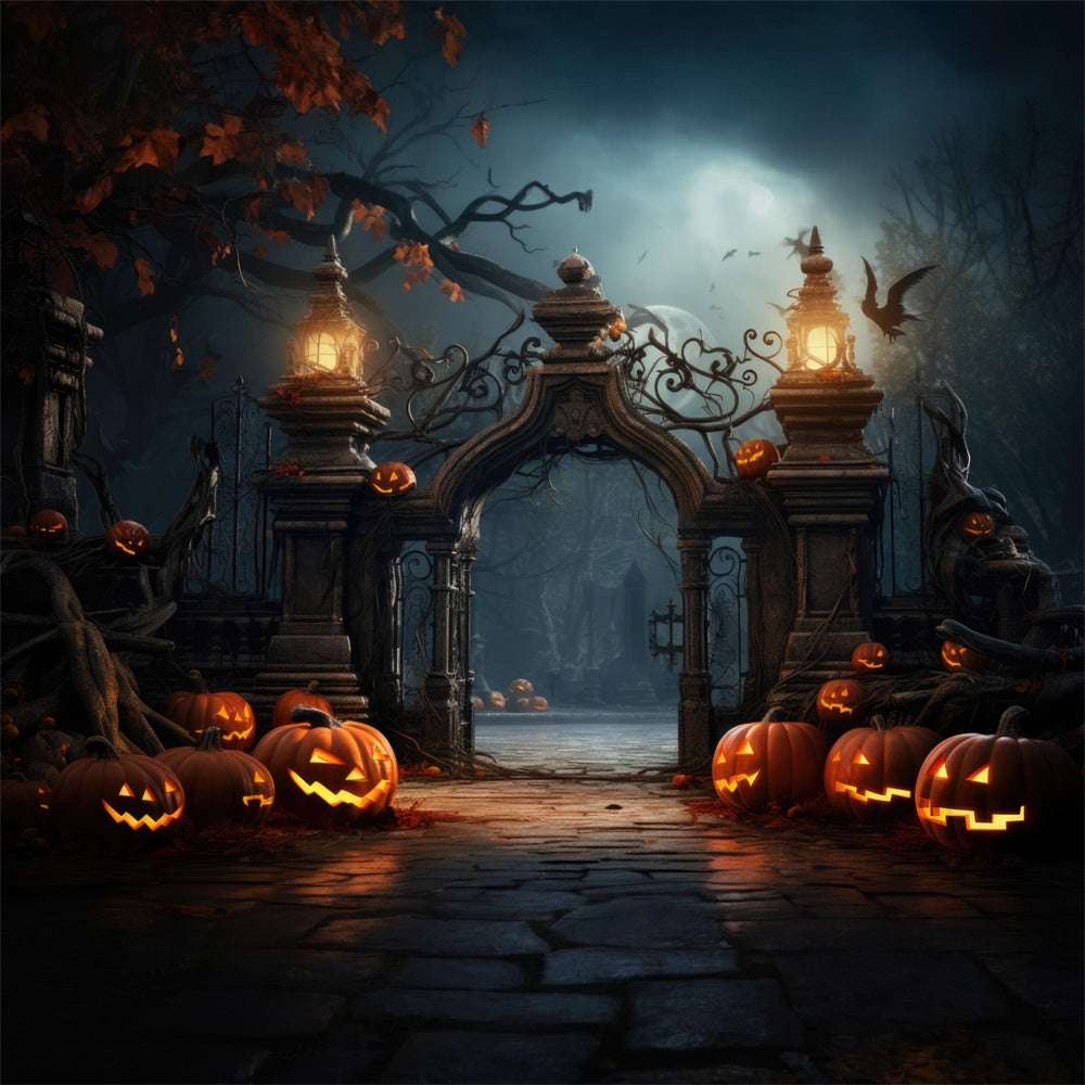 Halloween Scary Cemetery Gate Pumpkins Backdrop RR7-402