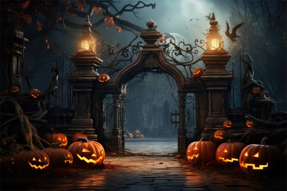 Halloween Scary Cemetery Gate Pumpkins Backdrop RR7-402