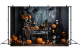 Scary Pumpkins Skeleton Bats Halloween Backdrop RR7-404