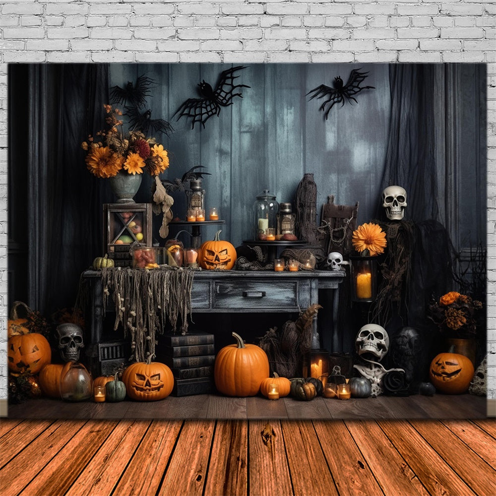 Scary Pumpkins Skeleton Bats Halloween Backdrop RR7-404