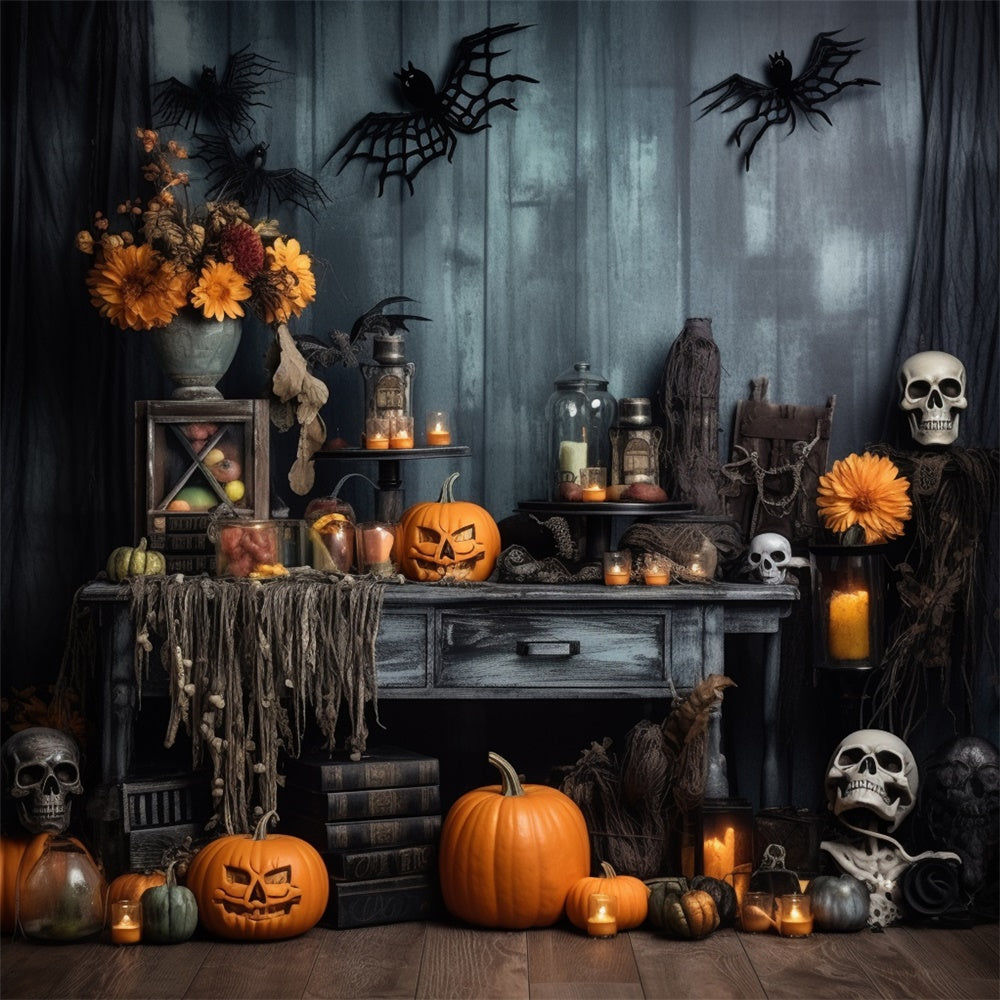 Scary Pumpkins Skeleton Bats Halloween Backdrop RR7-404