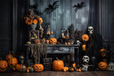 Scary Pumpkins Skeleton Bats Halloween Backdrop RR7-404