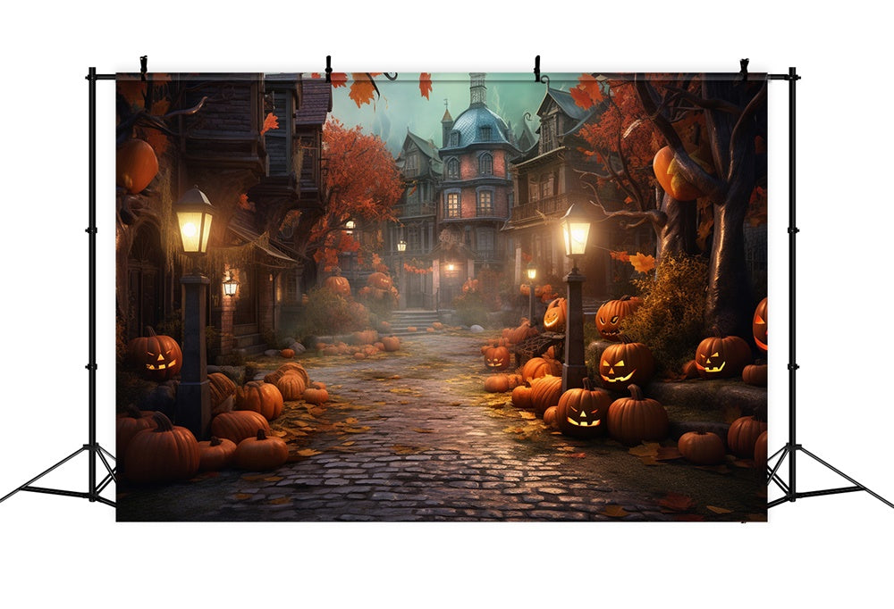 Halloween Night Street House Pumpkins Backdrop RR7-405