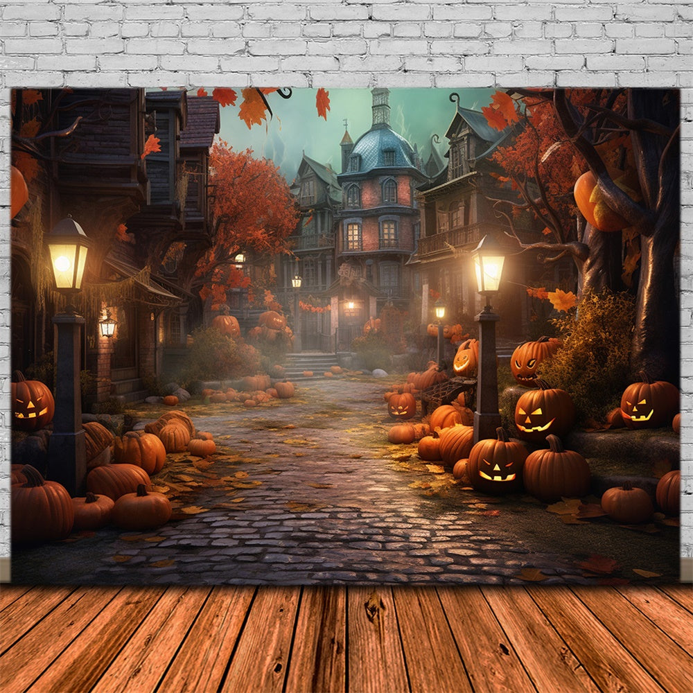 Halloween Night Street House Pumpkins Backdrop RR7-405