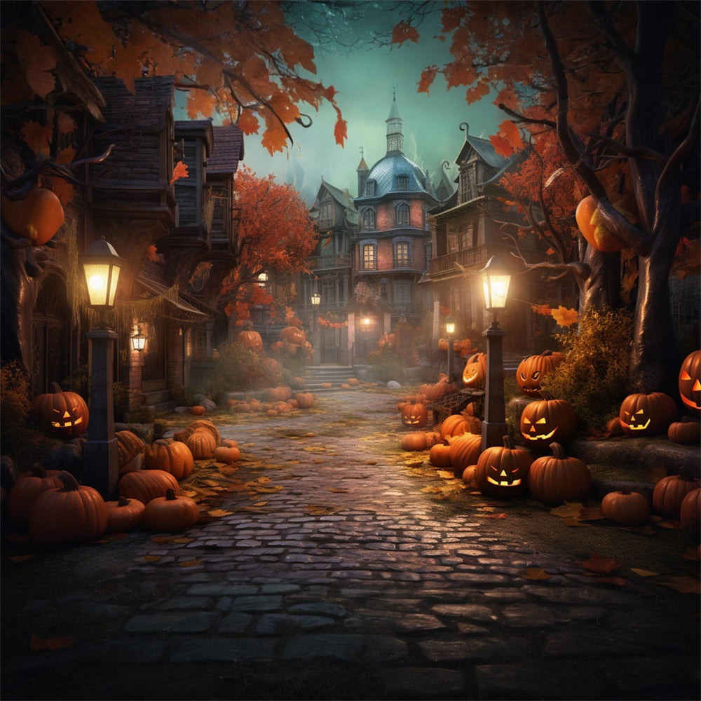 Halloween Night Street House Pumpkins Backdrop RR7-405