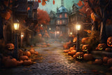 Halloween Night Street House Pumpkins Backdrop RR7-405