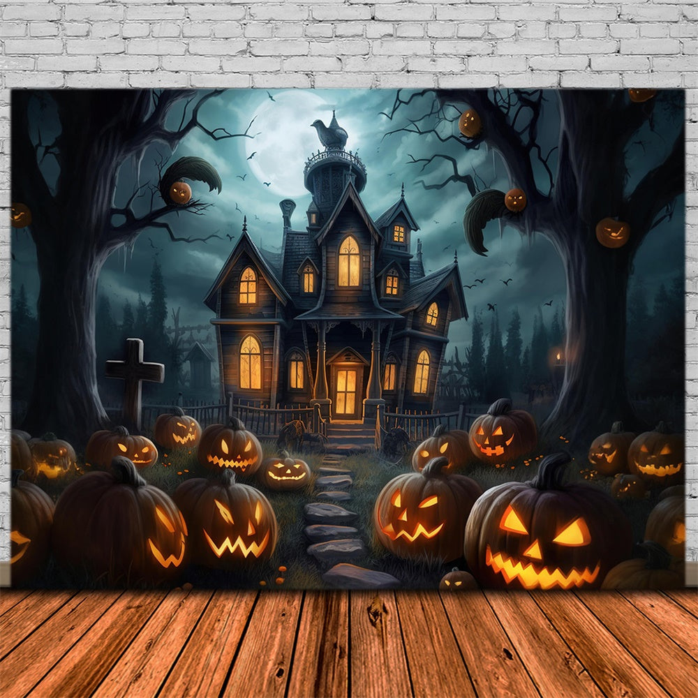 Spooky Pumpkin House Halloween Night Backdrop RR7-407