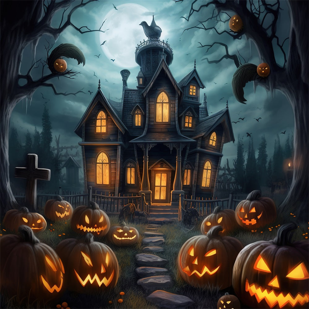 Spooky Pumpkin House Halloween Night Backdrop RR7-407